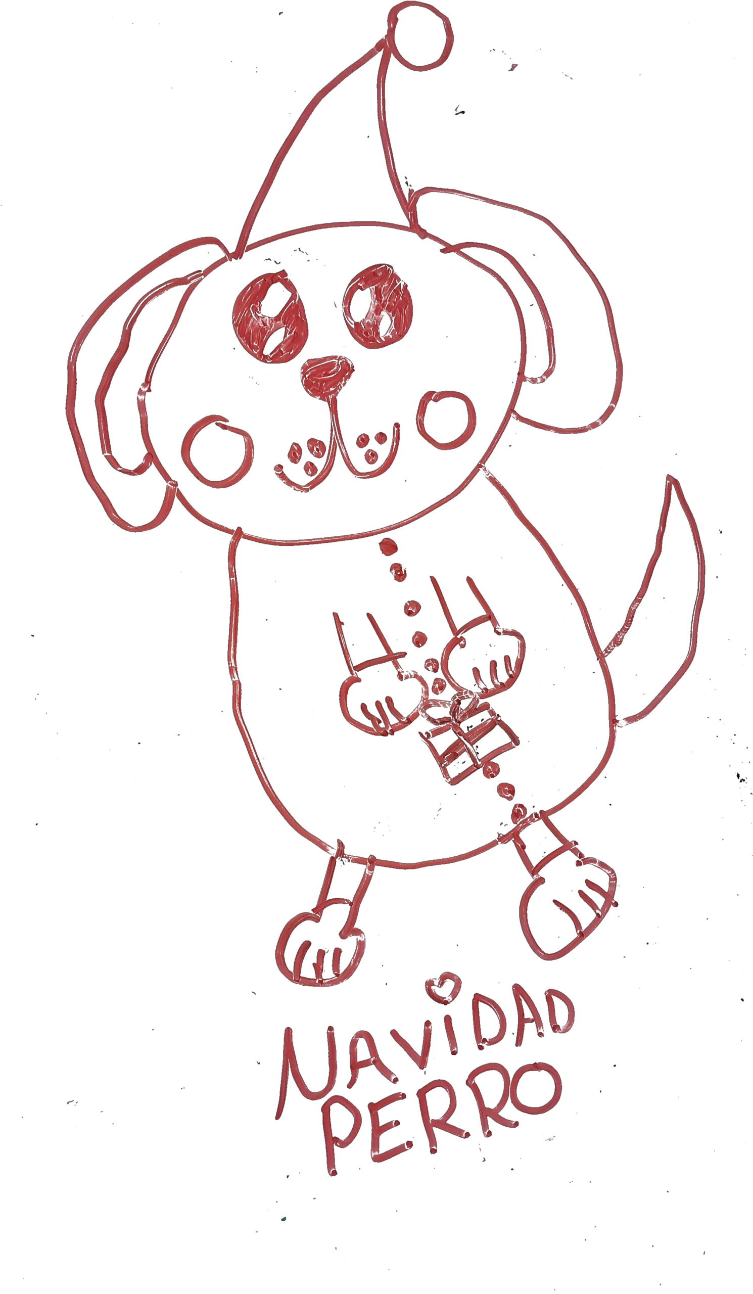 dibujo de perro con gorro de Papa Noel abriendo un regalo para colorear, escena de Navidad para ninos
