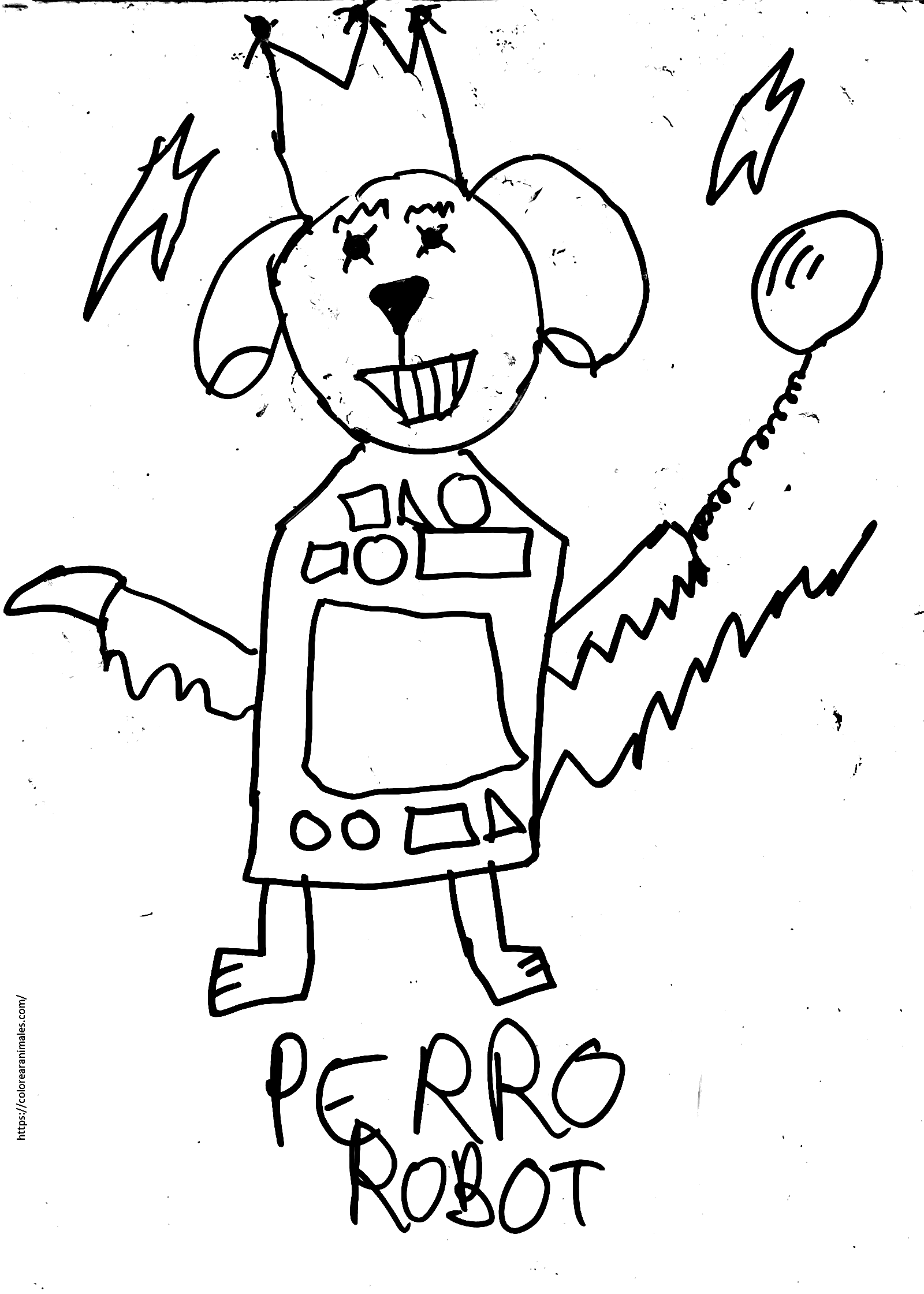 Perro robot con rayos y corona para colorear — dibujo de Lara